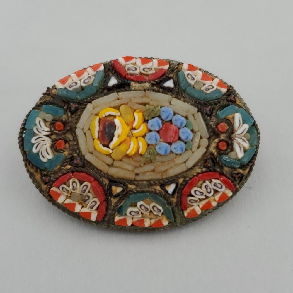 Italy Mid Century Micro Mosaic Flower Brooch